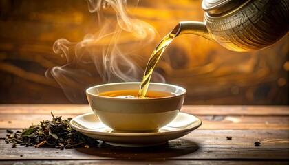Hot tea being poured into a rustic cup in warm sunlight, cozy and aromatic.
