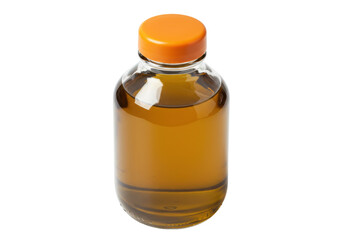 Isolated bottle of golden liquid with an orange cap, medicine, oil, or alternative remedies
