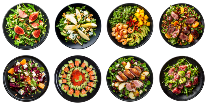 A set of various fine dining restaurant salads isolated on a transparent background PNG