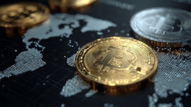 Gold and silver bitcoins rest on a digital world map background with a blurred effect