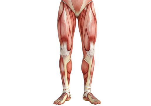 Isolated image of the human leg muscles, visible anatomy of the leg and foot bones shown