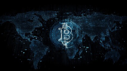Digital Bitcoin symbol overlayed on a blue glowing world map with circuit board patterns