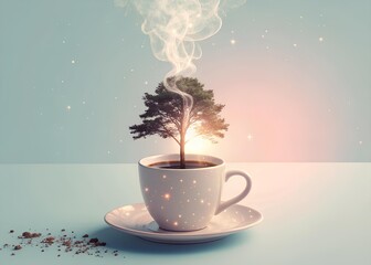 Experience the magic of growth and renewal with a steaming cup of coffee, a symbolic tree emerging from its rich dark depths, inspiring fresh beginnings and vibrant energy.