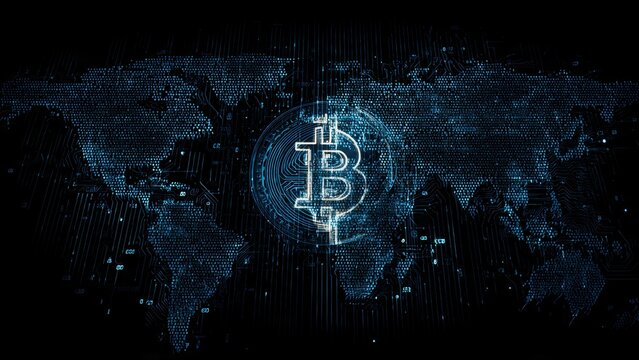 Digital Bitcoin symbol overlayed on a blue glowing world map with circuit board patterns