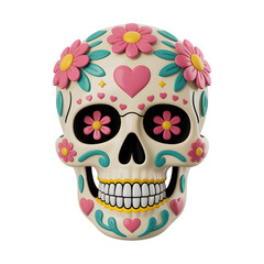 Colorful sugar skull decorated with flowers and hearts for Day of the Dead celebration isolated on transparent background