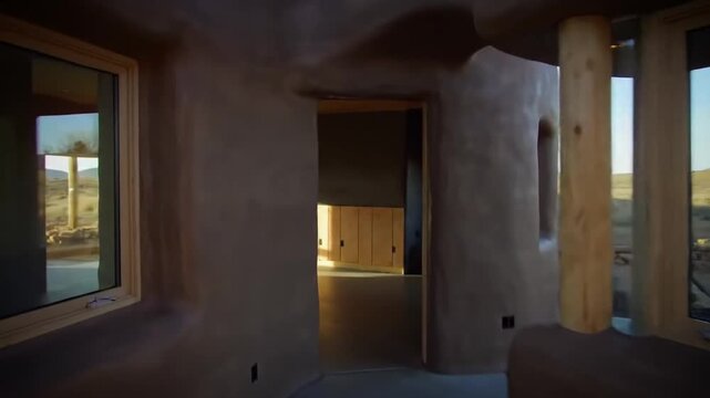 Exterior view of an adobe structure with windows and textured walls