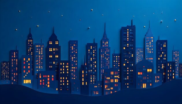 Paper Cut City Skyline at Deep Blue Night &ndash; Stylized 3D Urban Landscape with Yellow Lights