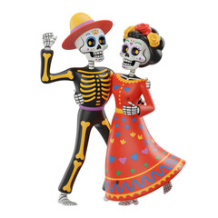 Dancing Mexican sugar skulls couple celebrating Day of the Dead in traditional attire isolated on transparent background