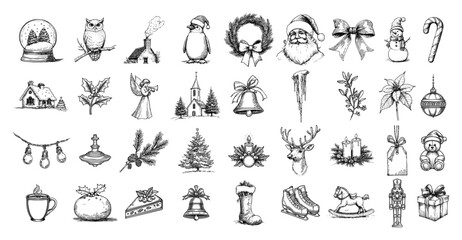 Christmas Hand Drawn Sketch Icon Set Winter Holiday Doodles Vector Collection