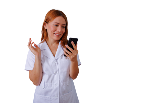Woman doctor or nurse in white coat having telehealth video call on cellphone, smiling. Transparent background