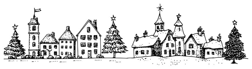 Christmas Winter Village Scene Hand Drawn Snowy Town Sketch Vector
