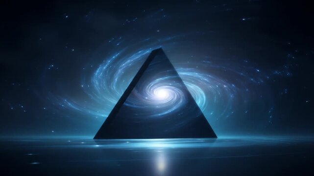 A dark monolith stands tall, reflecting a swirling cosmic nebula with a starry expanse. Reflective blue