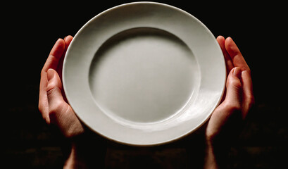 Mains tenant une assiette blanche vide