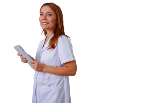 Female doctor in white uniform holding a tablet, smiling and looking to the side, against a transparent background - Powered by Adobe