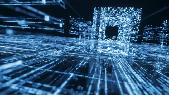 Abstract digital cityscape with pulsating blue geometric structures and flowing data streams, representing cyberspace and technological advancement. - Powered by Adobe