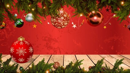 Festive Holiday Decorations Christmas Ornaments and Wooden Table