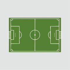 Top-down view of a green soccer field with white markings, goalposts, and a center circle on a light grey background.