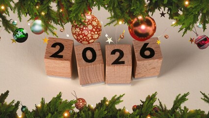 2026 Festive Celebration with Wooden Blocks and Christmas Decorations