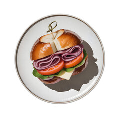 Delicious pretzel bun sandwich with deli meat red onion tomato and cheese served on a white plate isolated on transparent background
