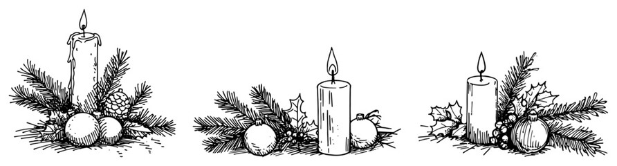 Hand drawn Christmas candle arrangements set. Vector sketch illustration of holiday decorations with fir branches and baubles.