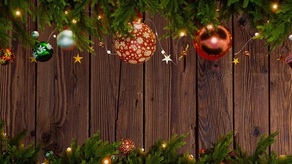 Festive Christmas Ornaments Frame on Wood Background