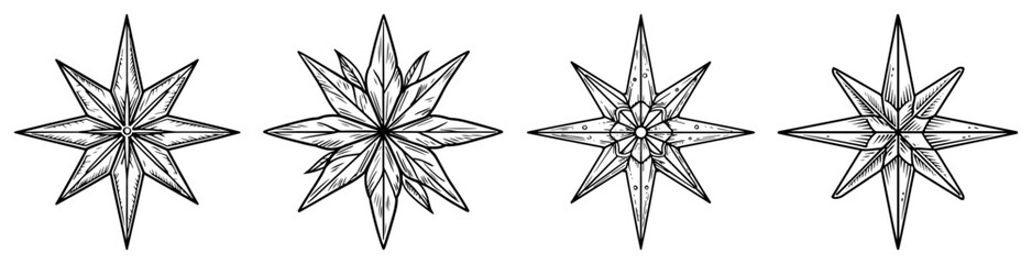 Christmas Star Ornaments Hand Drawn Eight Pointed Vintage Vector Sketch Set