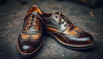 Close-up of two elegant, handcrafted leather shoes, showcasing intricate details and design.