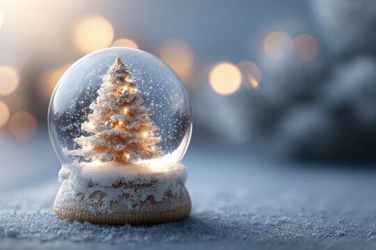 Glittering christmas tree inside a snow globe rests on a snowy surface with bokeh lights in the background - Powered by Adobe