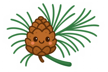 Cute smiling pine cone character with green pine needles, happy kawaii forest nature element, transparent background