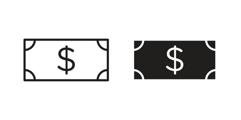 Cash icon flat and thin stroke vector pack. Editable icons set