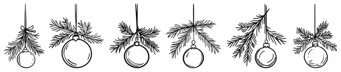 Hanging Christmas Ornaments With Pine Branches Hand Drawn Bauble Garland Vector Set © Kaz