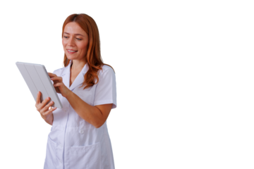 Healthcare professional interacting with digital tablet, nurse using medical technology, transparent background