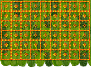 Green Banana leaf orange yellow marigold flower background for backdrop, Indian Marriage, Engagement, baby banana marigold flower leaf decoration, Indian festivals background, backdrops for festivals 