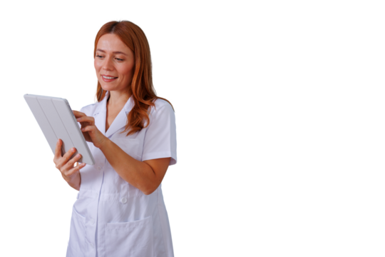 Healthcare professional interacting with digital tablet, nurse using medical technology, transparent background