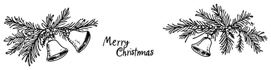Christmas Bells with Fir Branch Hand Drawn Sketch Set Vector Holiday Decoration Doodle