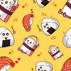 Happy Sushi Friends Grooving to Music Seamless Pattern Vector Illustration
