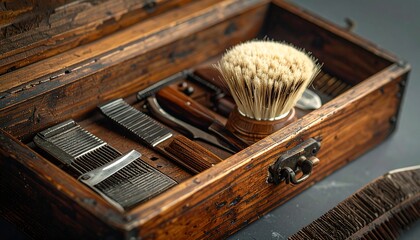 A close-up of a rustic wooden case containing a traditional men's grooming and shaving set with a brush and razors