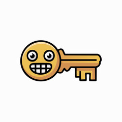 A cartoon illustration of a golden key with a grinning emoji face as its head, on a white background, depicting a cheerful and playful character.
