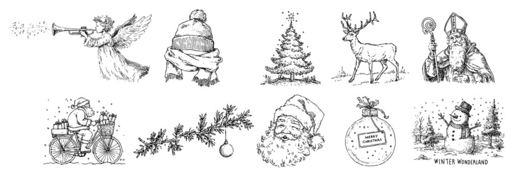 Hand Drawn Christmas Vintage Illustrations Set Angel Reindeer Santa Ornaments And Winter Elements Vector