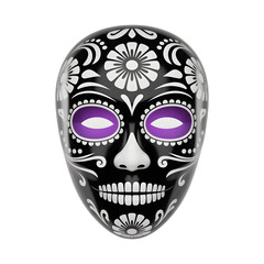 Dia de los Muertos mask with ornate white floral patterns and purple eyes isolated on transparent background