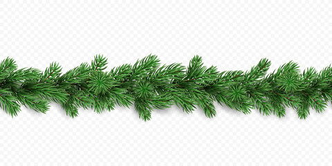 Holiday Christmas tree seamless garland isolated on a transparent background. Vector realistic pine tree branches border for winter decoration banner, poster, greeting card.