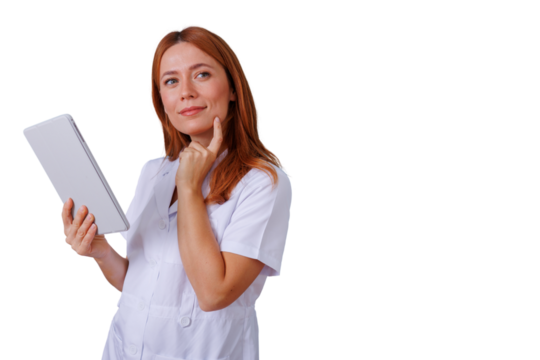 Healthcare professional woman researching on digital tablet, problem solving, thinking process, transparent background