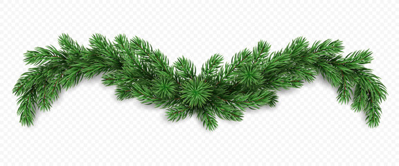 Vector realistic pine tree branches isolated on a transparent background. Holiday Christmas tree garland for winter decoration banner, poster, greeting card.