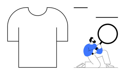 Large t-shirt outline with person holding magnifying glass, symbolizing quality check, design review, careful examination, investigation, consumer choice, creativity, and idea visualization. Ideal