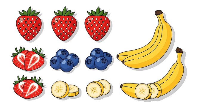 Fresh and vibrant assortment of whole and sliced strawberries, blueberries, and bananas, perfect for healthy eating.
