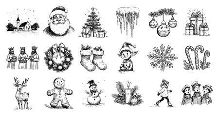 Fototapeta na wymiar Big Christmas Hand Drawn Doodle Icon Set Vector Vintage Holiday Sketch Collection