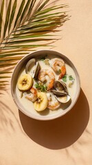 Rondón with seafood and plantains in a creamy broth, dish from Nicaragua on beige background, minimalist food photo, template for social media, digital ads, web banner, mobile wallpaper, greeting card