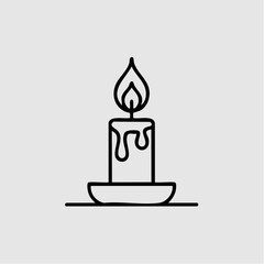 Simple line art icon of a lit candle with dripping wax on a holder, black outline on a grey background.