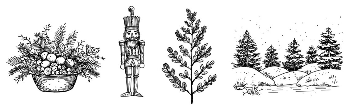 Christmas Decoration Hand Drawn Sketch Set with Nutcracker and Winter Landscape