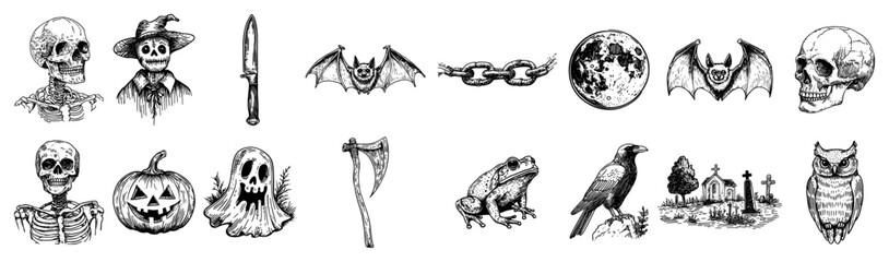 Gothic Halloween Hand Drawn Sketch Icon Set Spooky Vector Elements